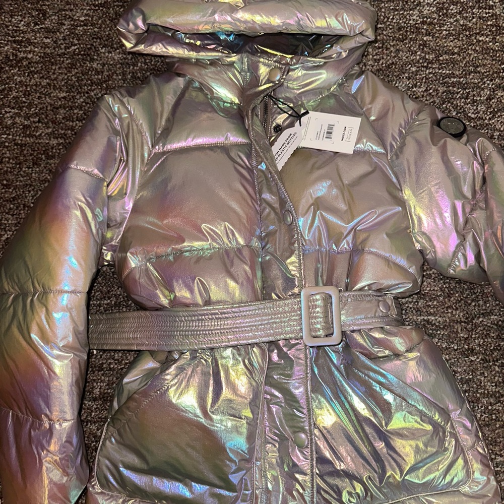 Noise Bonita holographic belted puffer coat new with tags